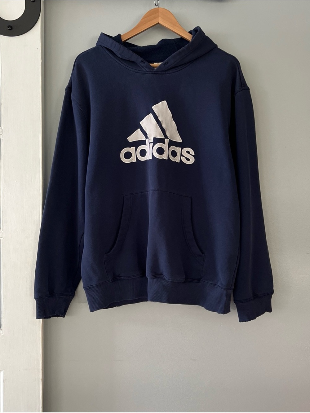 VTG Y2K Adidas Hoodie Sz Large Embroidered Big Logo Fleece Distressed Grunge